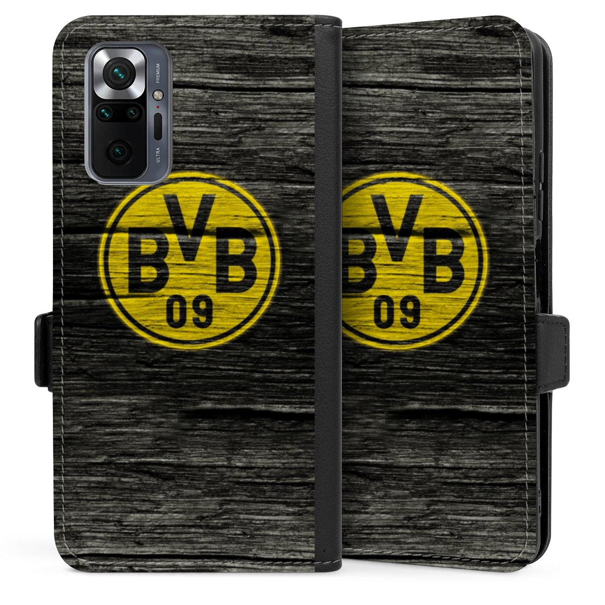 Xiaomi Redmi Note 10 Pro Handy Klapphülle Handyhülle aus Kunst Leder schwarz Flip Case Wooden Look Borussia Dortmund Bvb Sideflip mit langer Lasche
