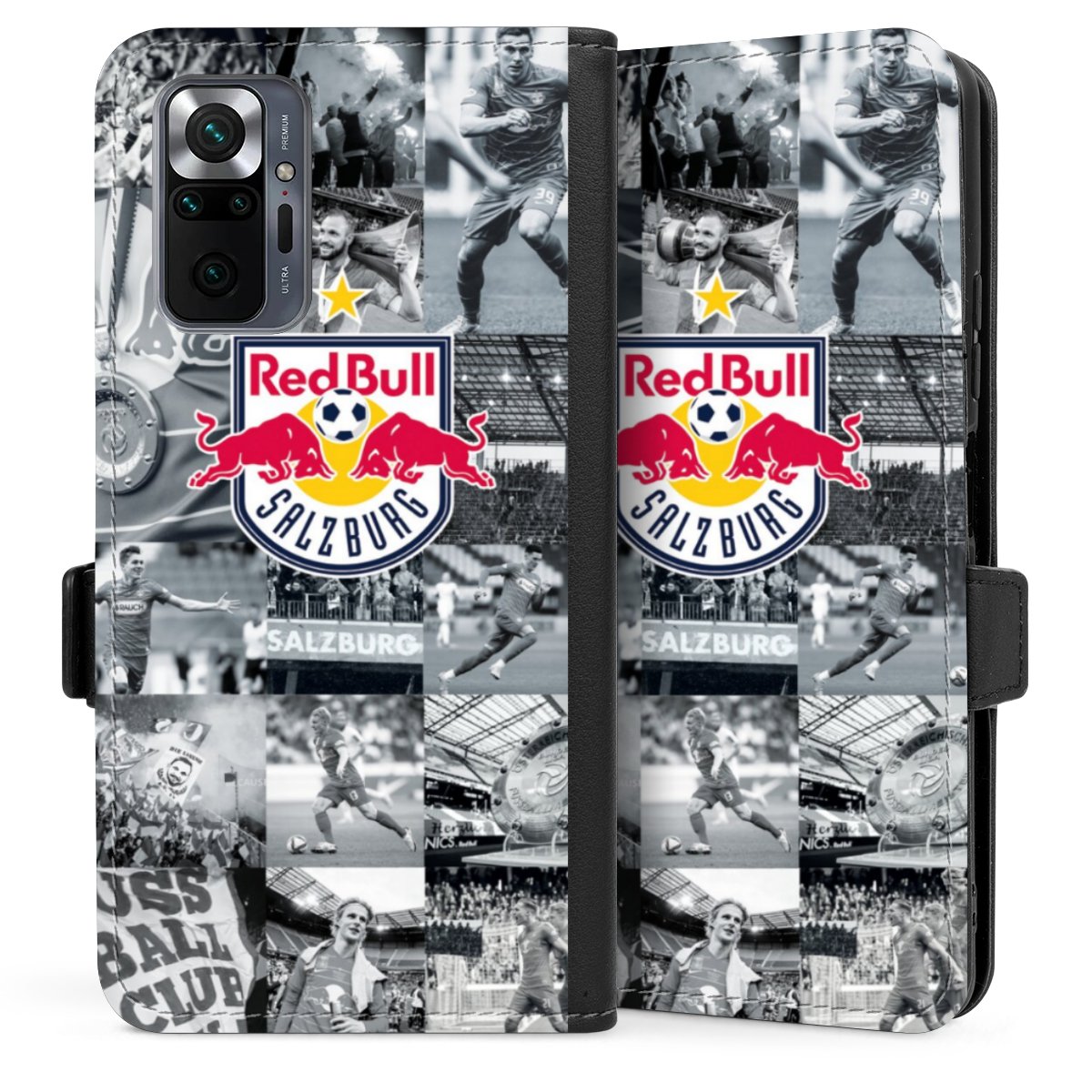 Xiaomi Redmi Note 10 Pro Handy Klapphülle Handyhülle aus Kunst Leder schwarz Flip Case Fc Red Bull Salzburg Salzburg Red Bull Sideflip mit langer Lasche
