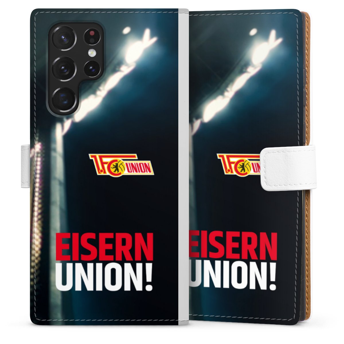 Galaxy S22 Ultra Handy Klapphülle Handyhülle aus Kunst Leder weiß Flip Case 1. Fc Union Berlin Merchandise Soccer Sideflip mit Lasche