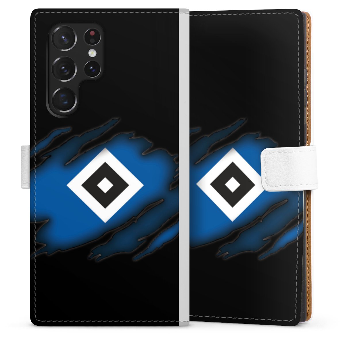 Galaxy S22 Ultra Handy Klapphülle Handyhülle aus Kunst Leder weiß Flip Case Hsv Official Licensed Product Hamburger Sv Sideflip mit Lasche