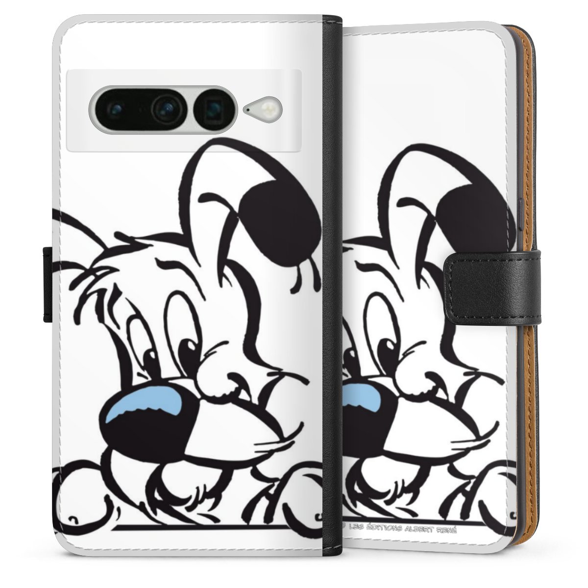 Google Pixel 7 Pro Handy Klapphülle Handyhülle aus Kunst Leder schwarz Flip Case Official Licensed Product Comic Idefix Sideflip mit langer Lasche