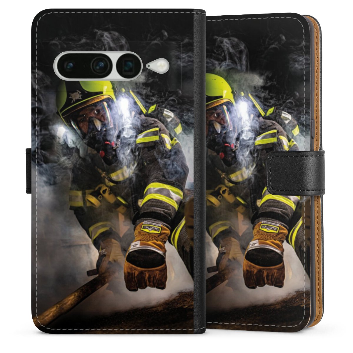 Google Pixel 7 Pro Handy Klapphülle Handyhülle aus Kunst Leder schwarz Flip Case Fire Fire Fighter Fire Fighters Sideflip mit langer Lasche