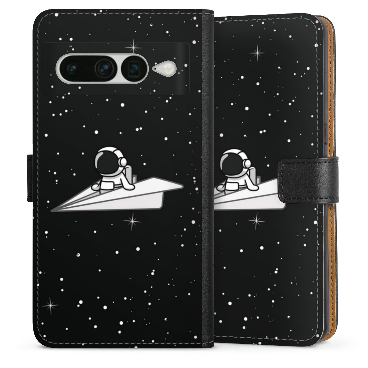 Google Pixel 7 Pro Handy Klapphülle Handyhülle aus Kunst Leder schwarz Flip Case Astronaut Comic Paper Sideflip mit langer Lasche