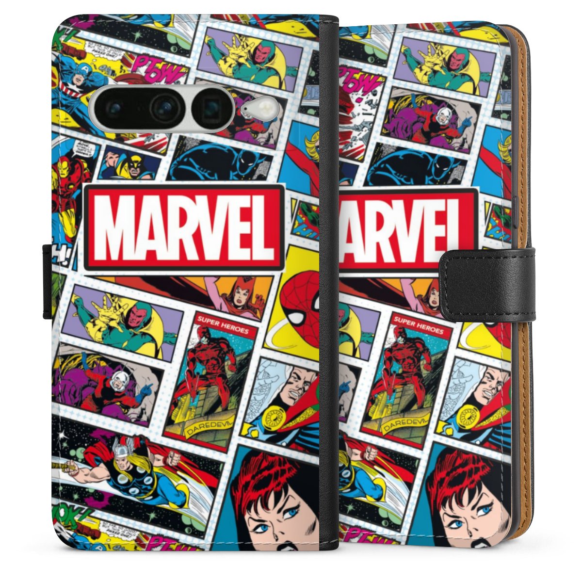 Google Pixel 7 Pro Handy Klapphülle Handyhülle aus Kunst Leder schwarz Flip Case Marvel Comic Muster Sideflip mit langer Lasche