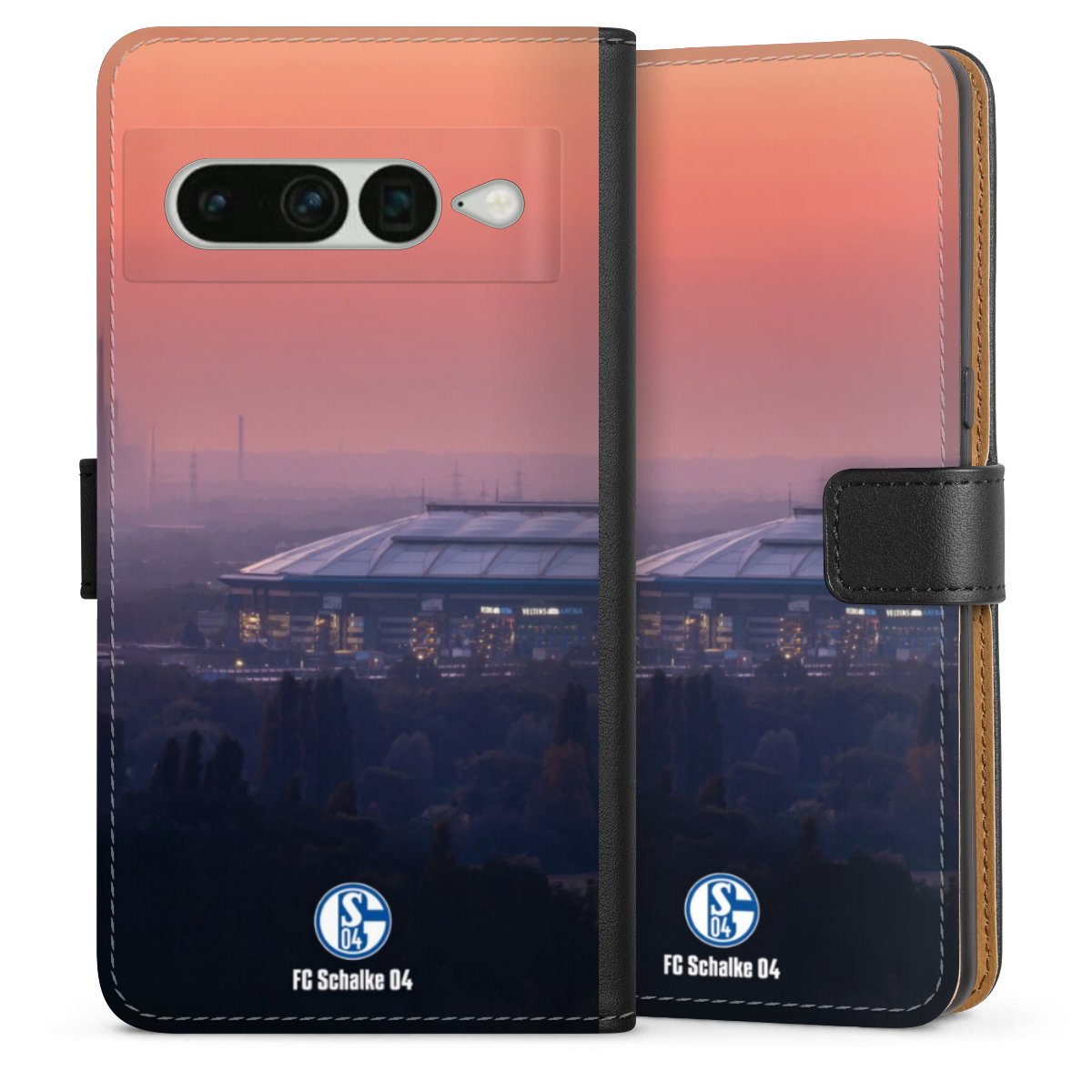 Google Pixel 7 Pro Handy Klapphülle Handyhülle aus Kunst Leder schwarz Flip Case Stadium Schalke 04 Fc Schalke 04 Sideflip mit langer Lasche