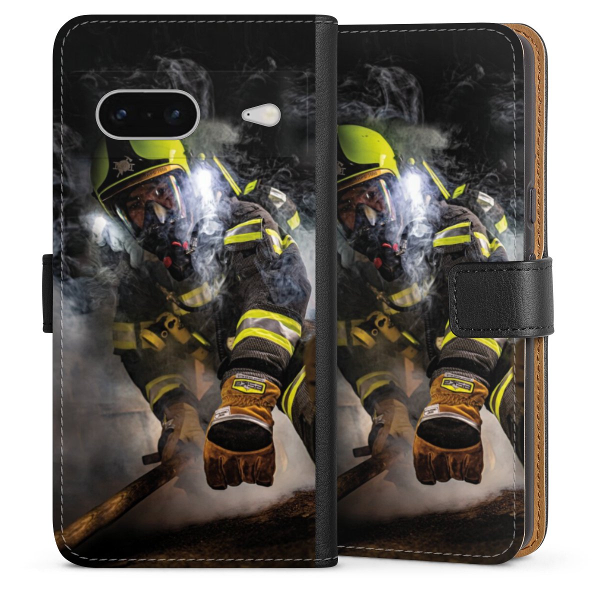 Google Pixel 7 Handy Klapphülle Handyhülle aus Kunst Leder schwarz Flip Case Fire Fire Fighter Fire Fighters Sideflip mit langer Lasche