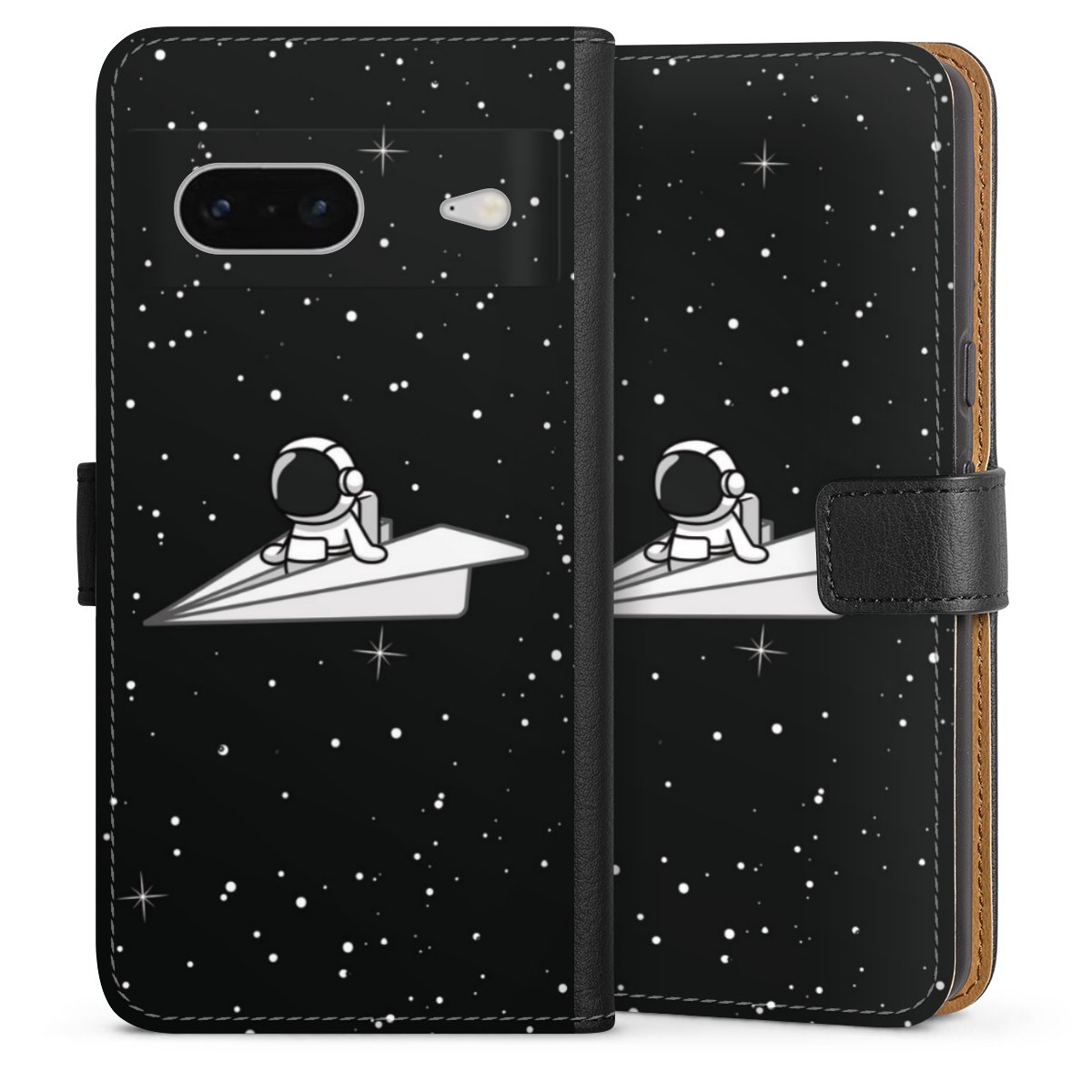 Google Pixel 7 Handy Klapphülle Handyhülle aus Kunst Leder schwarz Flip Case Astronaut Comic Paper Sideflip mit langer Lasche