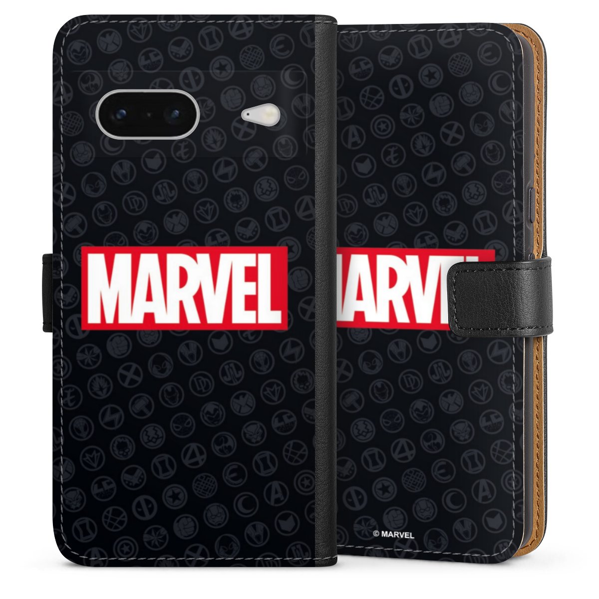 Google Pixel 7 Handy Klapphülle Handyhülle aus Kunst Leder schwarz Flip Case Comic Marvel Logo Sideflip mit langer Lasche