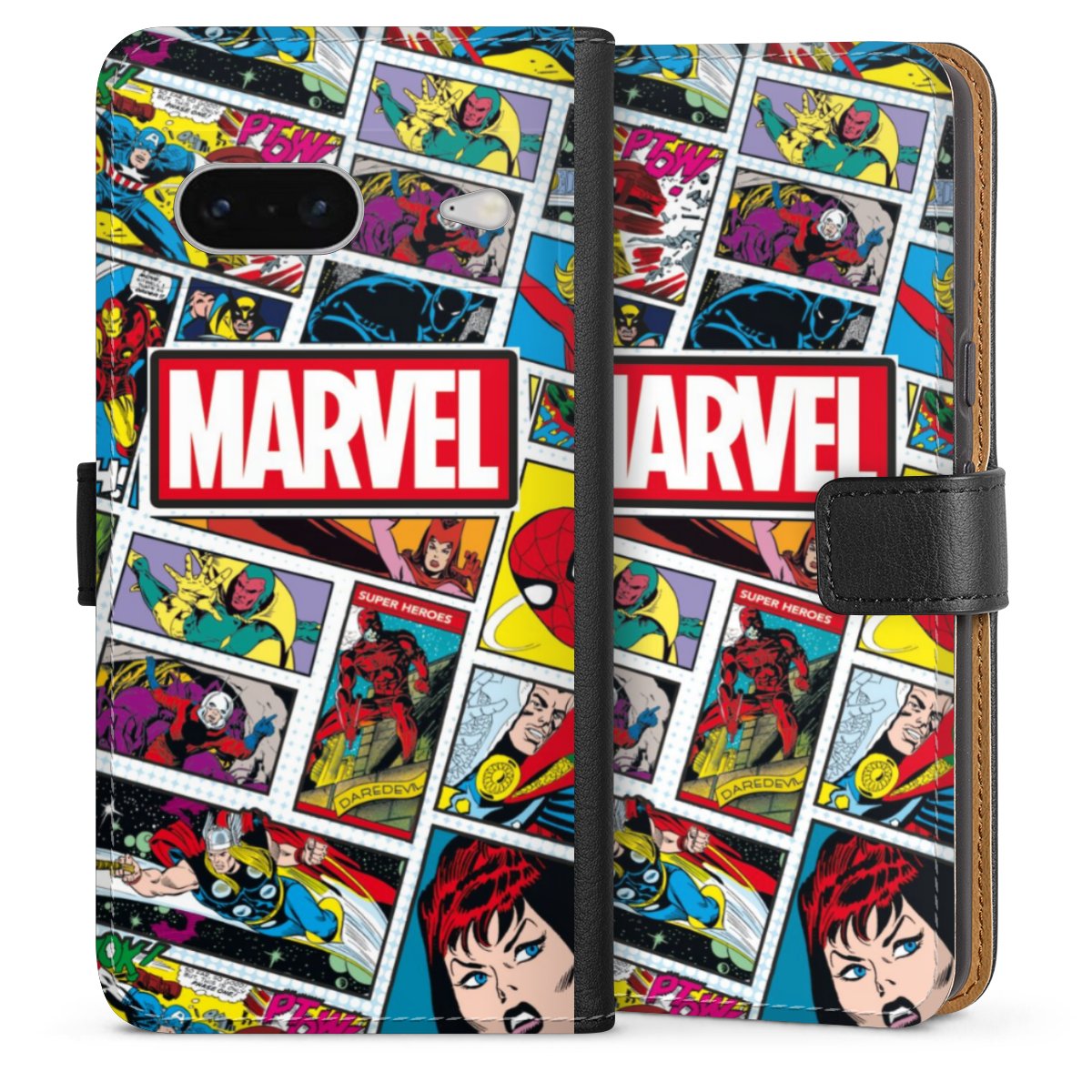 Google Pixel 7 Handy Klapphülle Handyhülle aus Kunst Leder schwarz Flip Case Marvel Comic Muster Sideflip mit langer Lasche