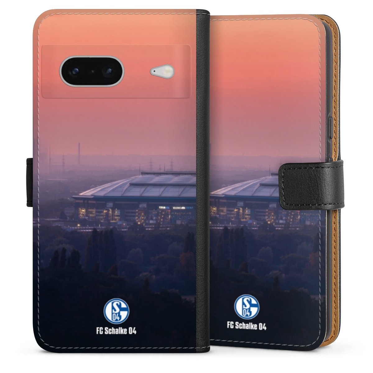 Google Pixel 7 Handy Klapphülle Handyhülle aus Kunst Leder schwarz Flip Case Stadium Schalke 04 Fc Schalke 04 Sideflip mit langer Lasche