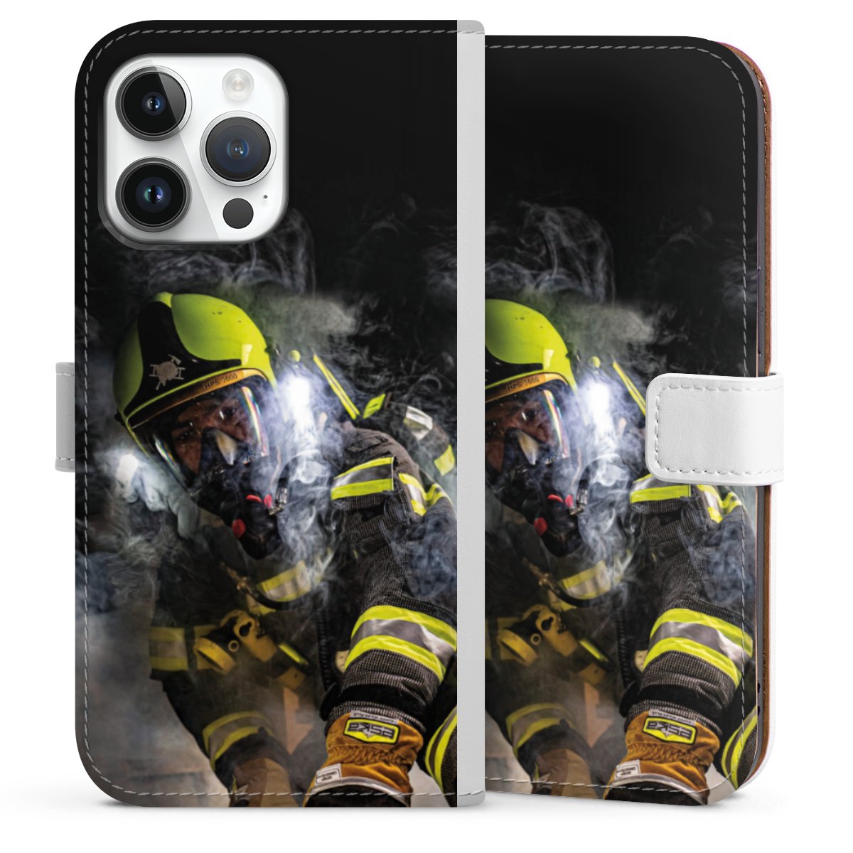 iPhone 14 Pro Max Handy Klapphülle Handyhülle aus Kunst Leder weiß Flip Case Fire Fighter Fire Fire Fighters Sideflip mit Lasche