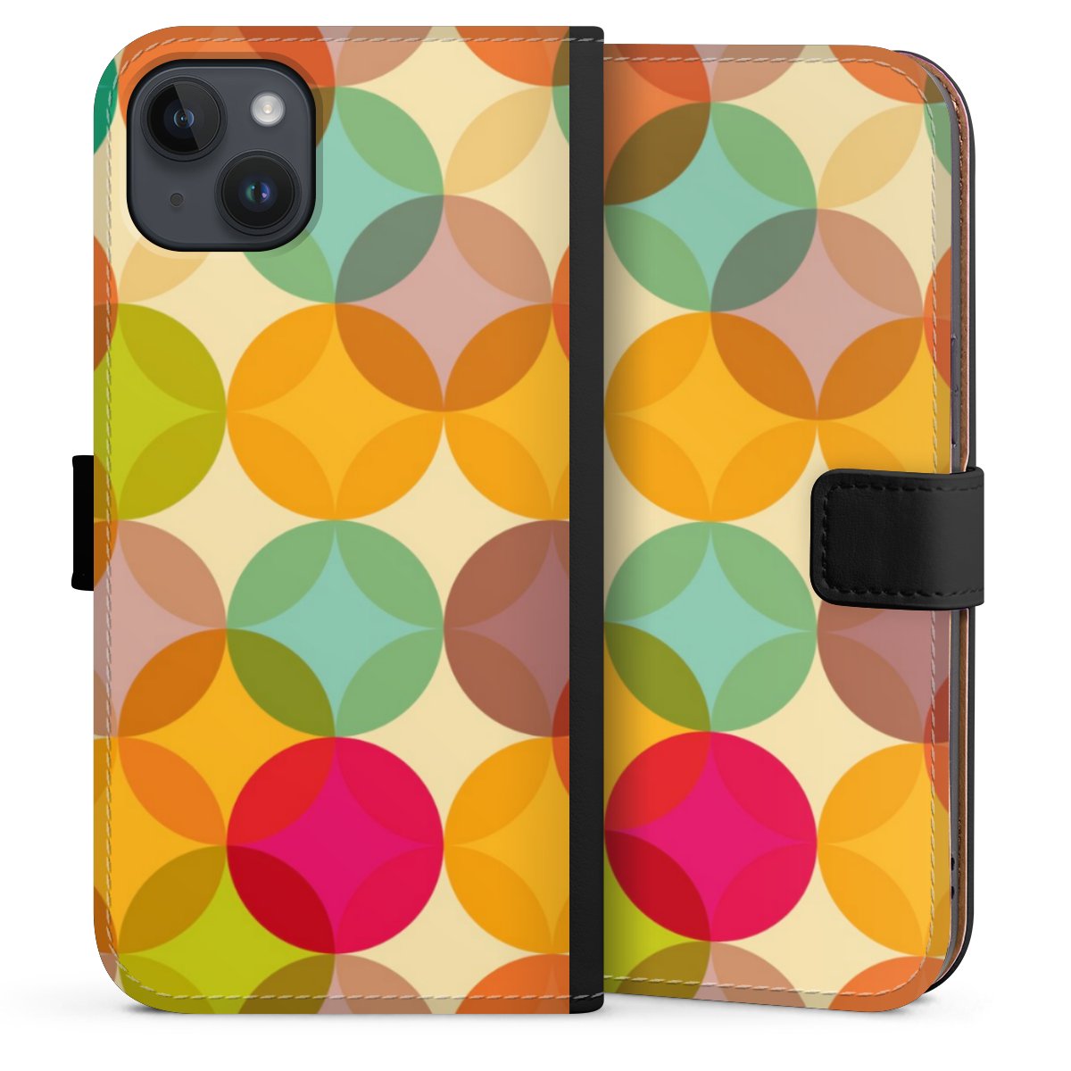 iPhone 14 Plus Handy Klapphülle Handyhülle aus Kunst Leder schwarz Flip Case Art Circle Kunst Sideflip mit langer Lasche