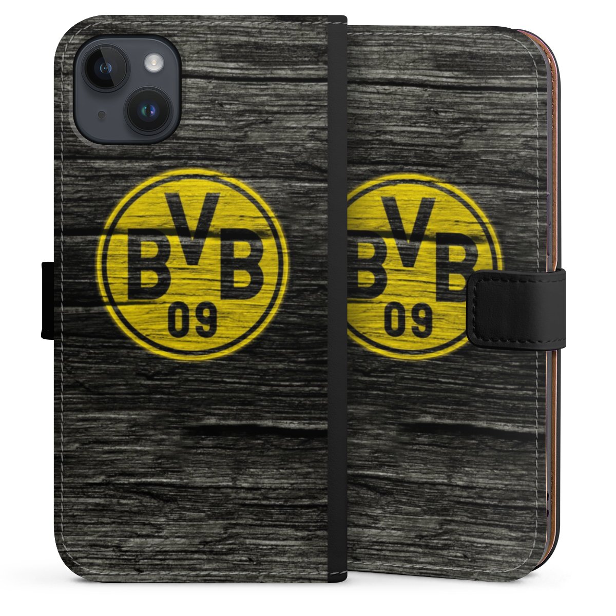 iPhone 14 Plus Handy Klapphülle Handyhülle aus Kunst Leder schwarz Flip Case Wooden Look Borussia Dortmund Bvb Sideflip mit langer Lasche