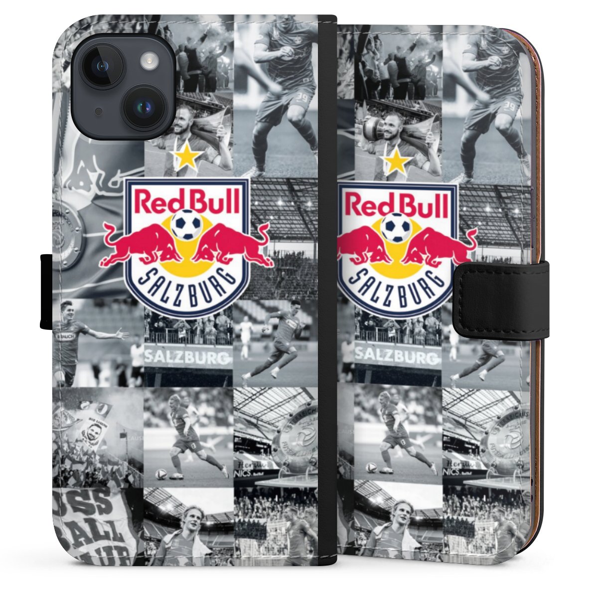 iPhone 14 Plus Handy Klapphülle Handyhülle aus Kunst Leder schwarz Flip Case Salzburg Fc Red Bull Salzburg Red Bull Sideflip mit langer Lasche