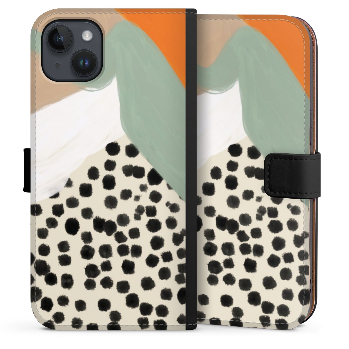 iPhone 14 Plus Handy Klapphülle Handyhülle aus Kunst Leder schwarz Flip Case Kunst Boho Abstract Sideflip mit langer Lasche