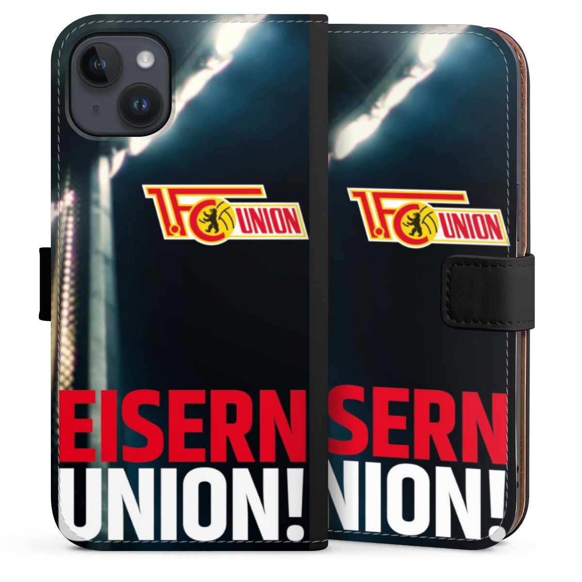 iPhone 14 Plus Handy Klapphülle Handyhülle aus Kunst Leder schwarz Flip Case 1. Fc Union Berlin Merchandise Soccer Sideflip mit langer Lasche