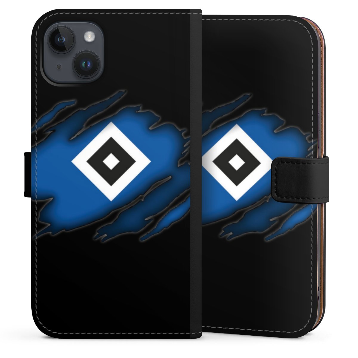 iPhone 14 Plus Handy Klapphülle Handyhülle aus Kunst Leder schwarz Flip Case Hsv Official Licensed Product Hamburger Sv Sideflip mit langer Lasche