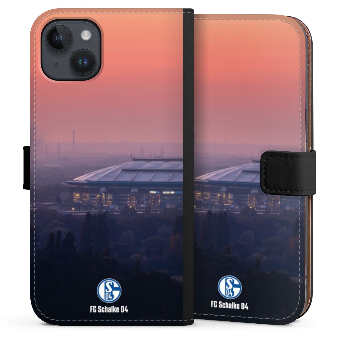 iPhone 14 Plus Handy Klapphülle Handyhülle aus Kunst Leder schwarz Flip Case Schalke 04 Fc Schalke 04 Stadium Sideflip mit langer Lasche