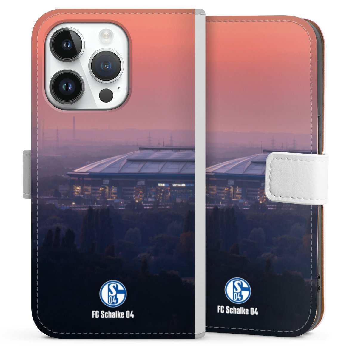 iPhone 14 Pro Handy Klapphülle Handyhülle aus Kunst Leder weiß Flip Case Fc Schalke 04 Stadium Schalke 04 Sideflip mit Lasche