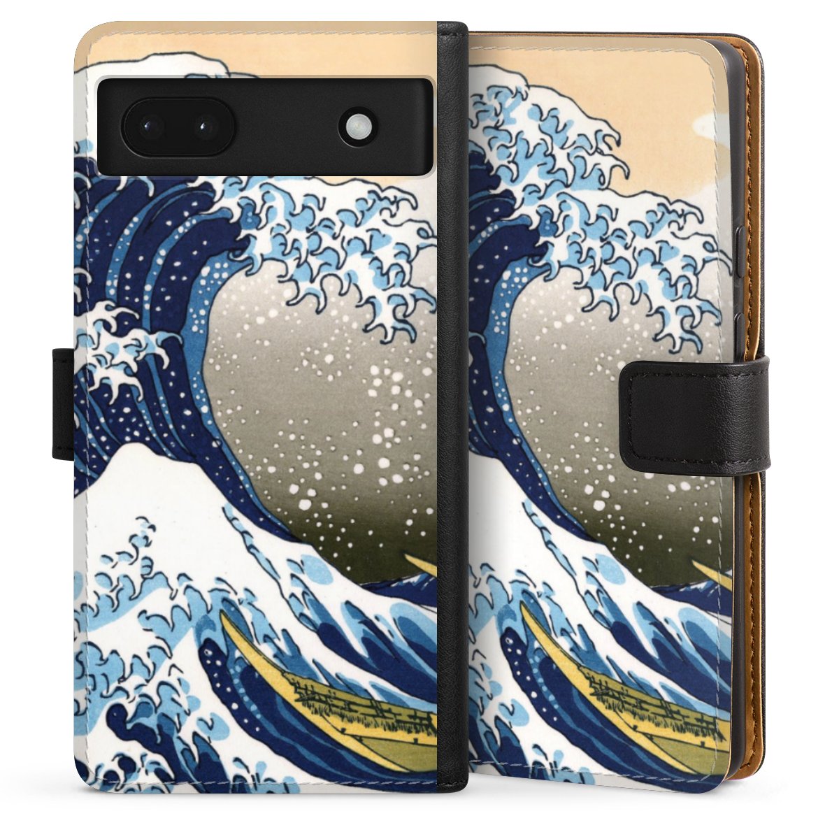 Google Pixel 6a Handy Klapphülle Handyhülle aus Kunst Leder schwarz Flip Case Katsushika Hokusai Die Große Welle Vor Kanagawa Kunst Sideflip mit langer Lasche