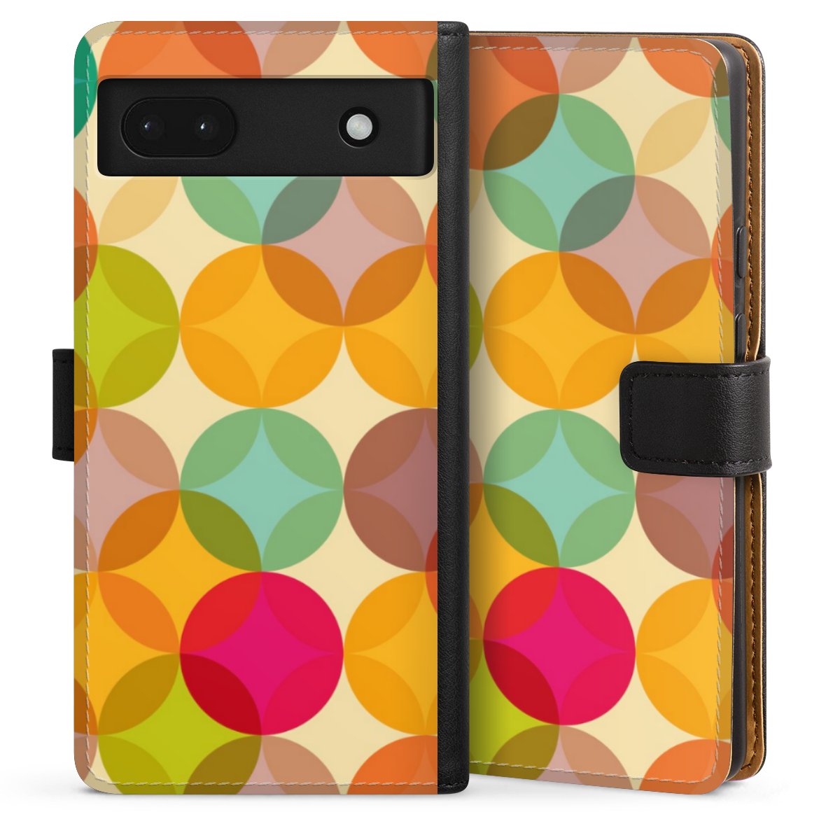 Google Pixel 6a Handy Klapphülle Handyhülle aus Kunst Leder schwarz Flip Case Circle Kunst Art Sideflip mit langer Lasche