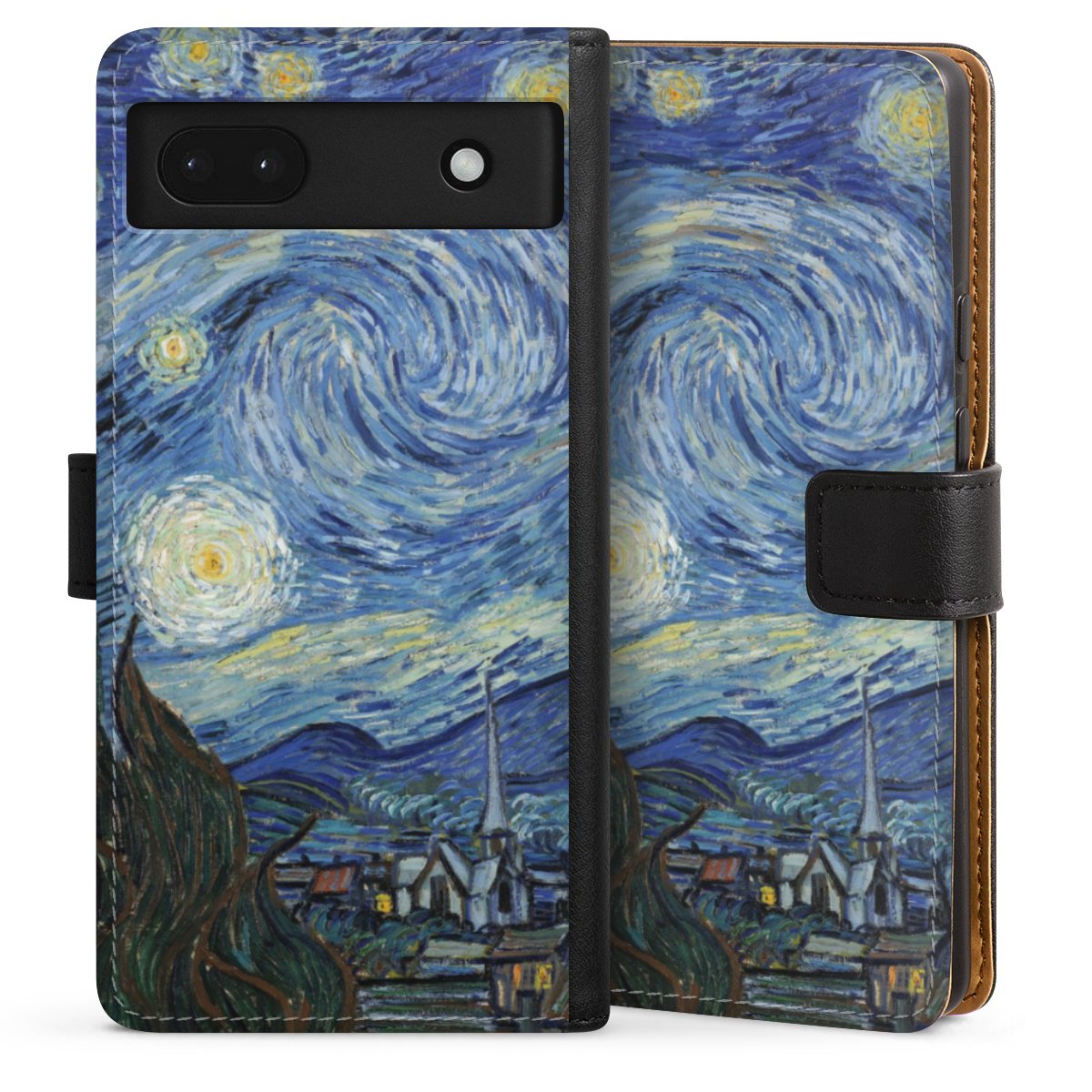 Google Pixel 6a Handy Klapphülle Handyhülle aus Kunst Leder schwarz Flip Case The Starry Night Kunst Sideflip mit langer Lasche
