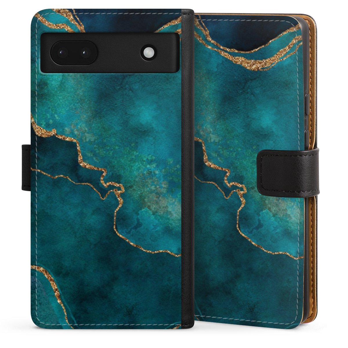 Google Pixel 6a Handy Klapphülle Handyhülle aus Kunst Leder schwarz Flip Case Kunst Glitzer Marble Sideflip mit langer Lasche