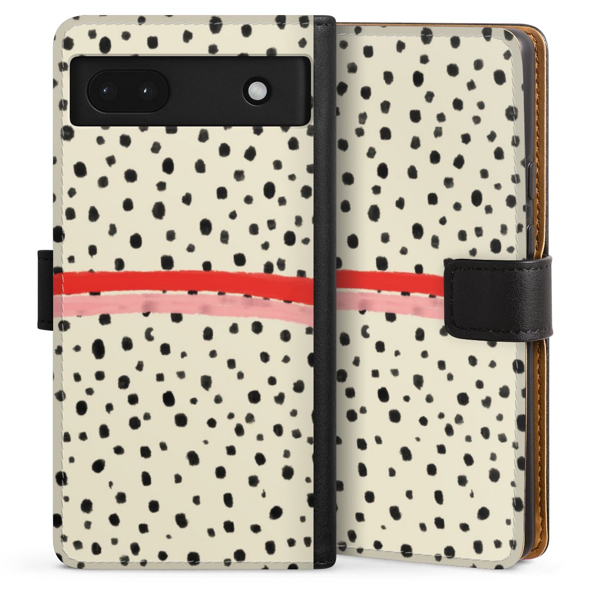 Google Pixel 6a Handy Klapphülle Handyhülle aus Kunst Leder schwarz Flip Case Stripes Points Kunst Sideflip mit langer Lasche