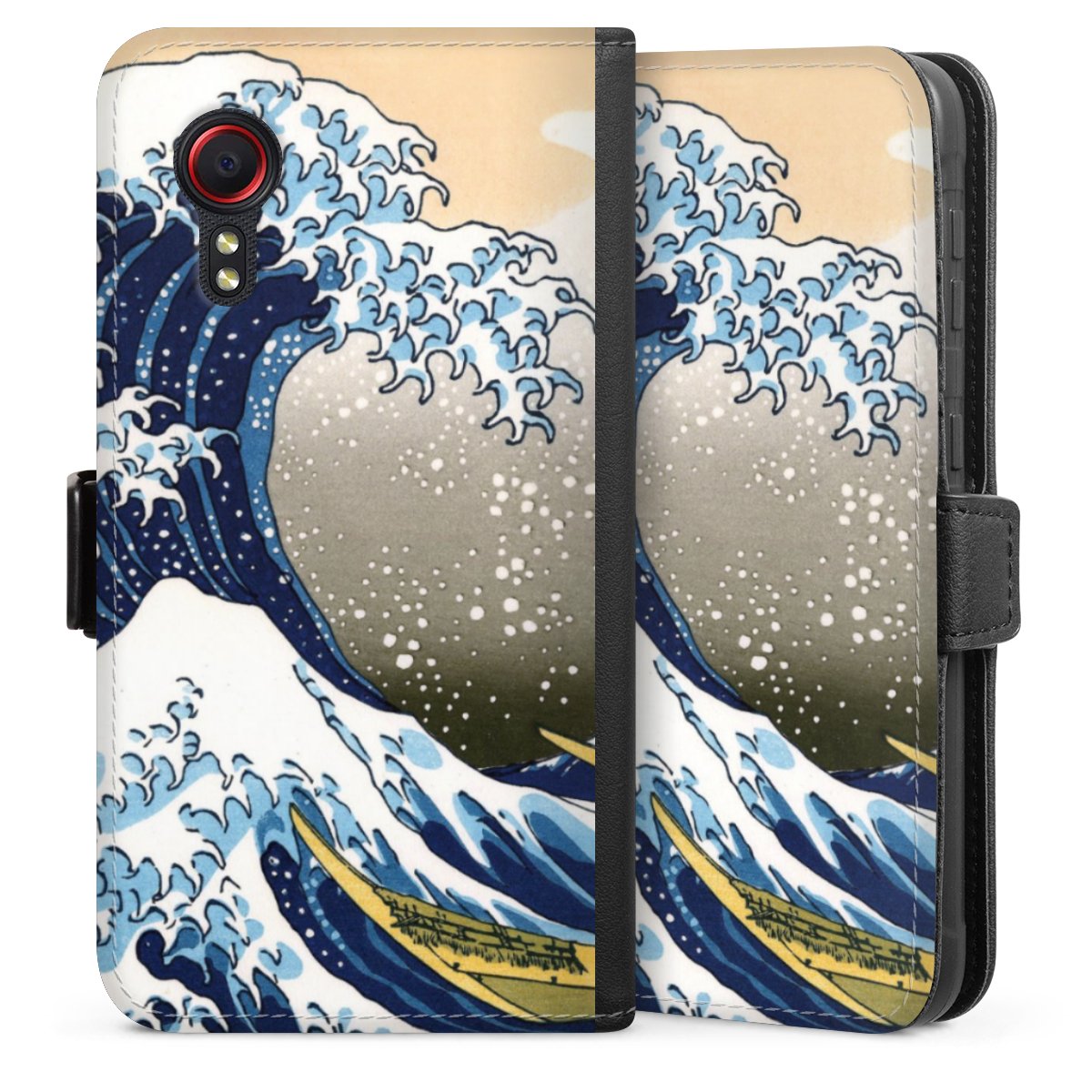 Galaxy XCover 5 EE Handy Klapphülle Handyhülle aus Kunst Leder schwarz Flip Case Katsushika Hokusai Kunst Die Große Welle Vor Kanagawa Sideflip mit Lasche