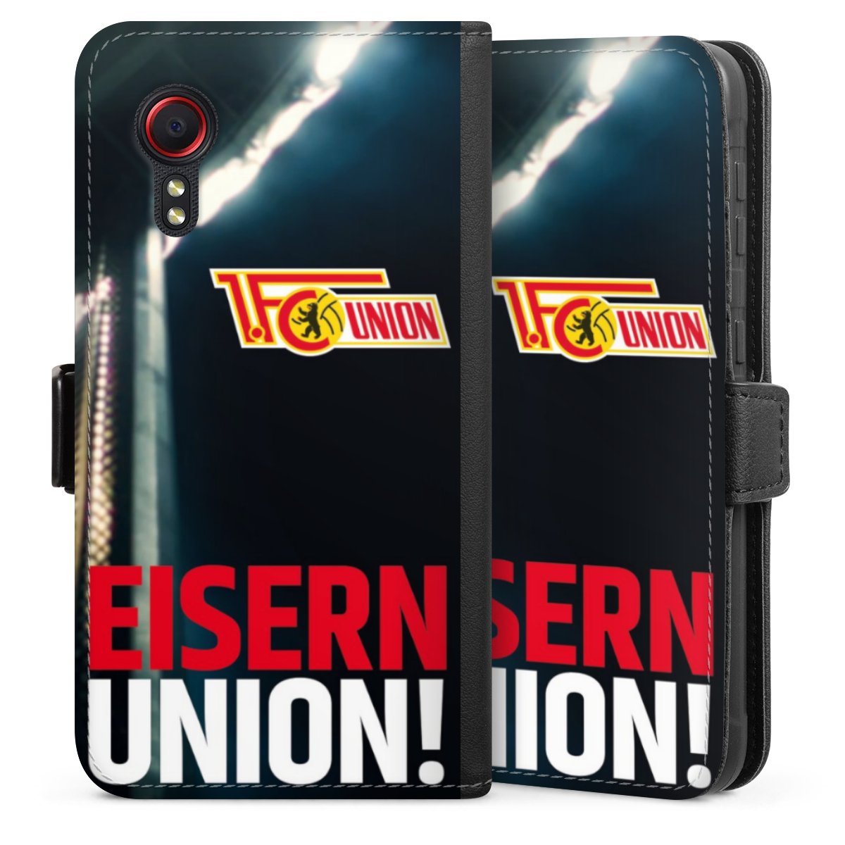 Galaxy XCover 5 EE Handy Klapphülle Handyhülle aus Kunst Leder schwarz Flip Case 1. Fc Union Berlin Merchandise Soccer Sideflip mit Lasche