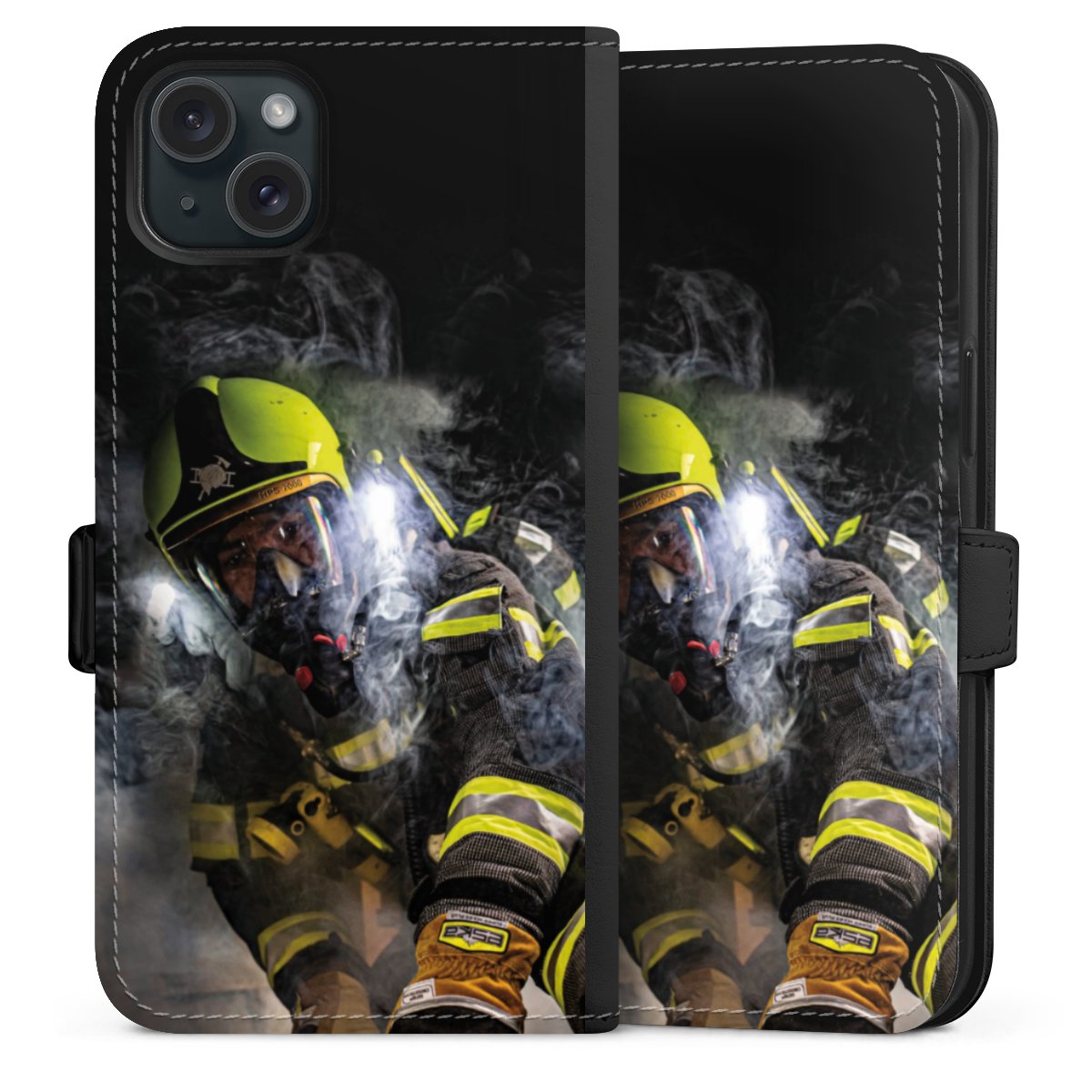 iPhone 15 Plus Handy Klapphülle Handyhülle aus Kunst Leder schwarz Flip Case Fire Fighter Fire Fire Fighters Sideflip mit Lasche