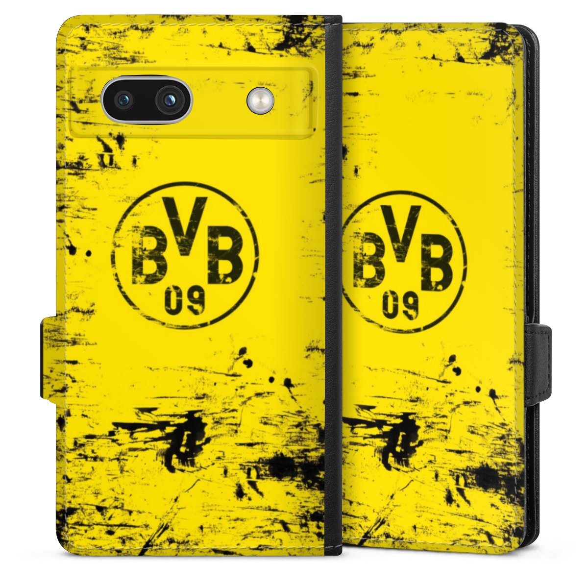 Google Pixel 7a Handy Klapphülle Handyhülle aus Kunst Leder schwarz Flip Case Bvb Official Licensed Product Borussia Dortmund Sideflip mit Lasche