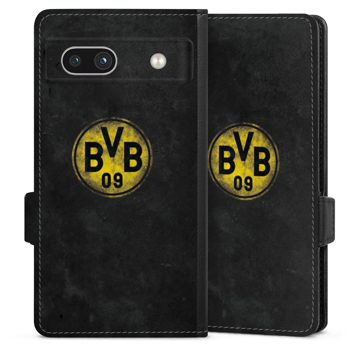 Google Pixel 7a Handy Klapphülle Handyhülle aus Kunst Leder schwarz Flip Case Borussia Dortmund Bvb Merchandise Sideflip mit Lasche