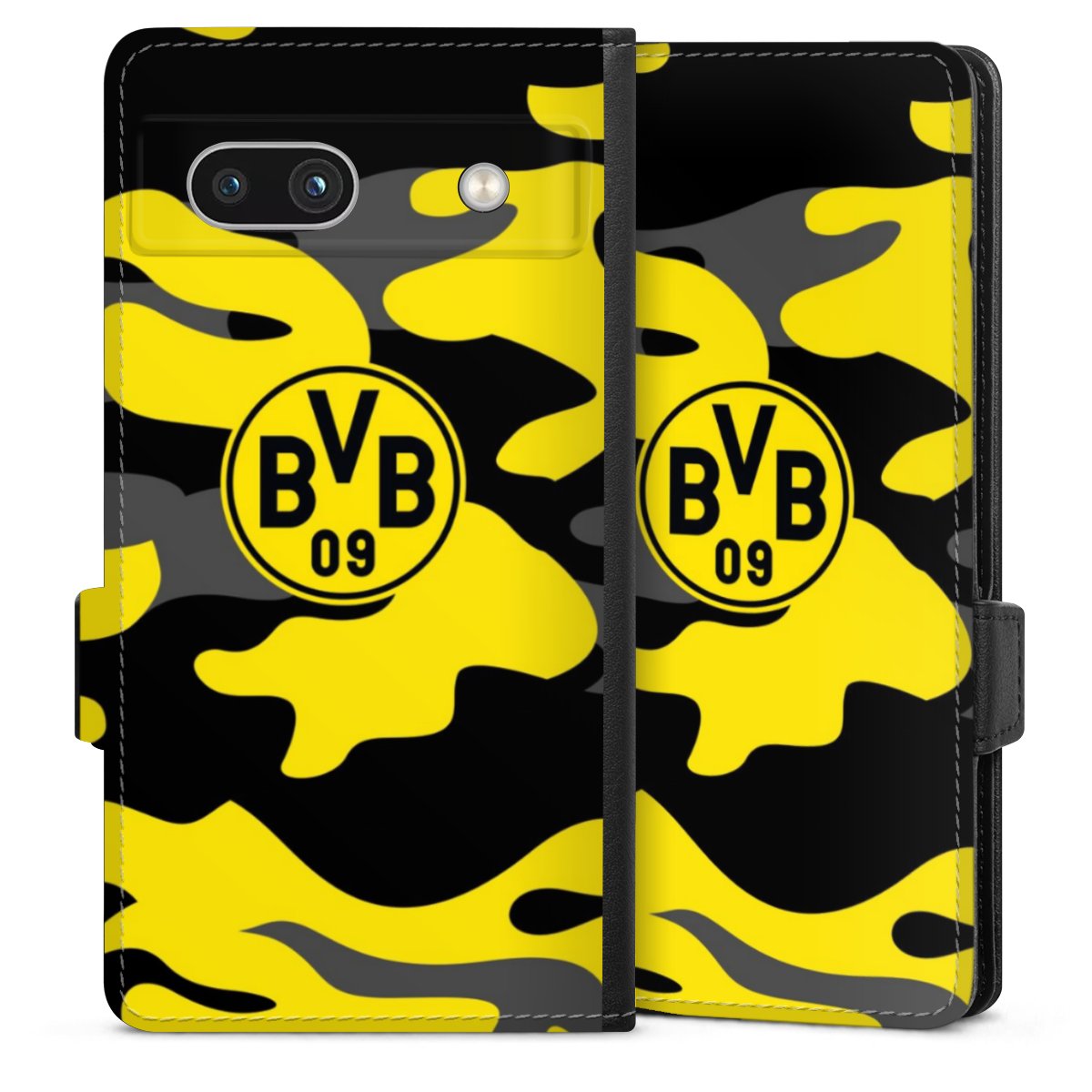 Google Pixel 7a Handy Klapphülle Handyhülle aus Kunst Leder schwarz Flip Case Merchandise Borussia Dortmund Bvb Sideflip mit Lasche