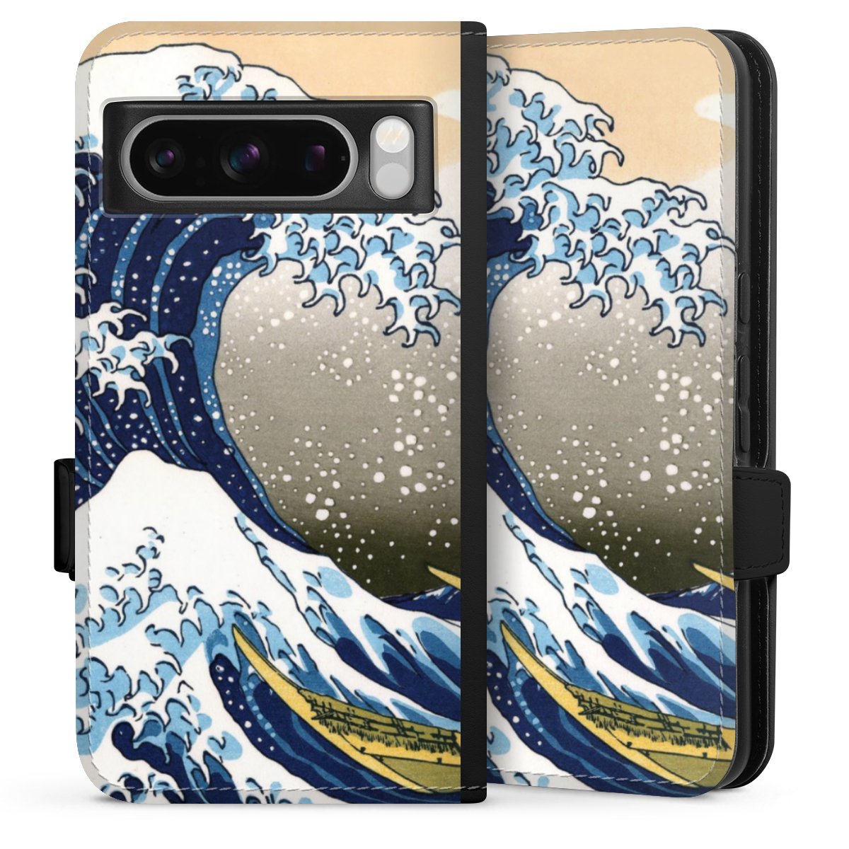 Google Pixel 8 Pro Handy Klapphülle Handyhülle aus Kunst Leder schwarz Flip Case Die Große Welle Vor Kanagawa Kunst Katsushika Hokusai Sideflip mit Lasche