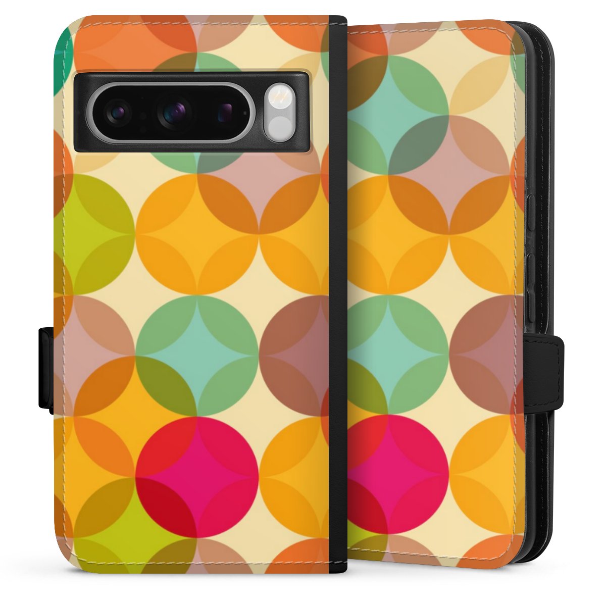 Google Pixel 8 Pro Handy Klapphülle Handyhülle aus Kunst Leder schwarz Flip Case Art Circle Kunst Sideflip mit Lasche