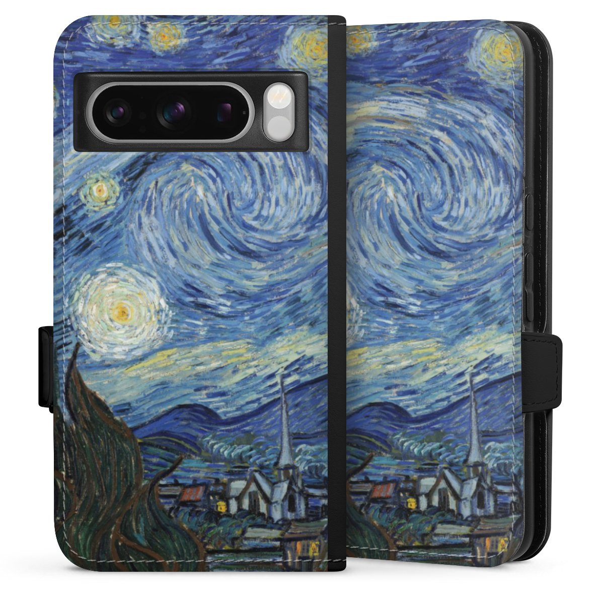 Google Pixel 8 Pro Handy Klapphülle Handyhülle aus Kunst Leder schwarz Flip Case The Starry Night Kunst Sideflip mit Lasche