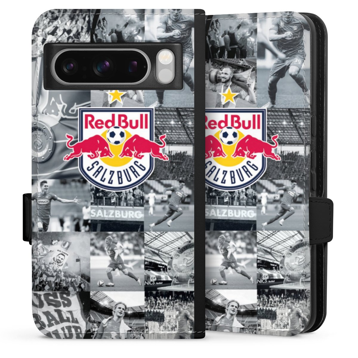 Google Pixel 8 Pro Handy Klapphülle Handyhülle aus Kunst Leder schwarz Flip Case Salzburg Fc Red Bull Salzburg Red Bull Sideflip mit Lasche