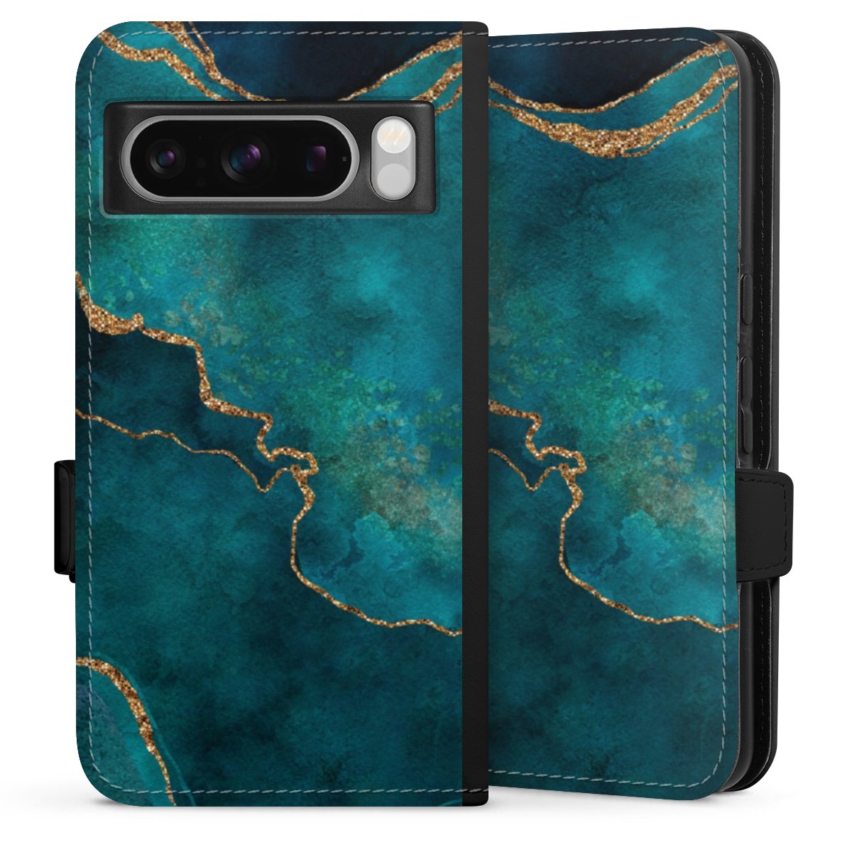 Google Pixel 8 Pro Handy Klapphülle Handyhülle aus Kunst Leder schwarz Flip Case Kunst Glitzer Marble Sideflip mit Lasche