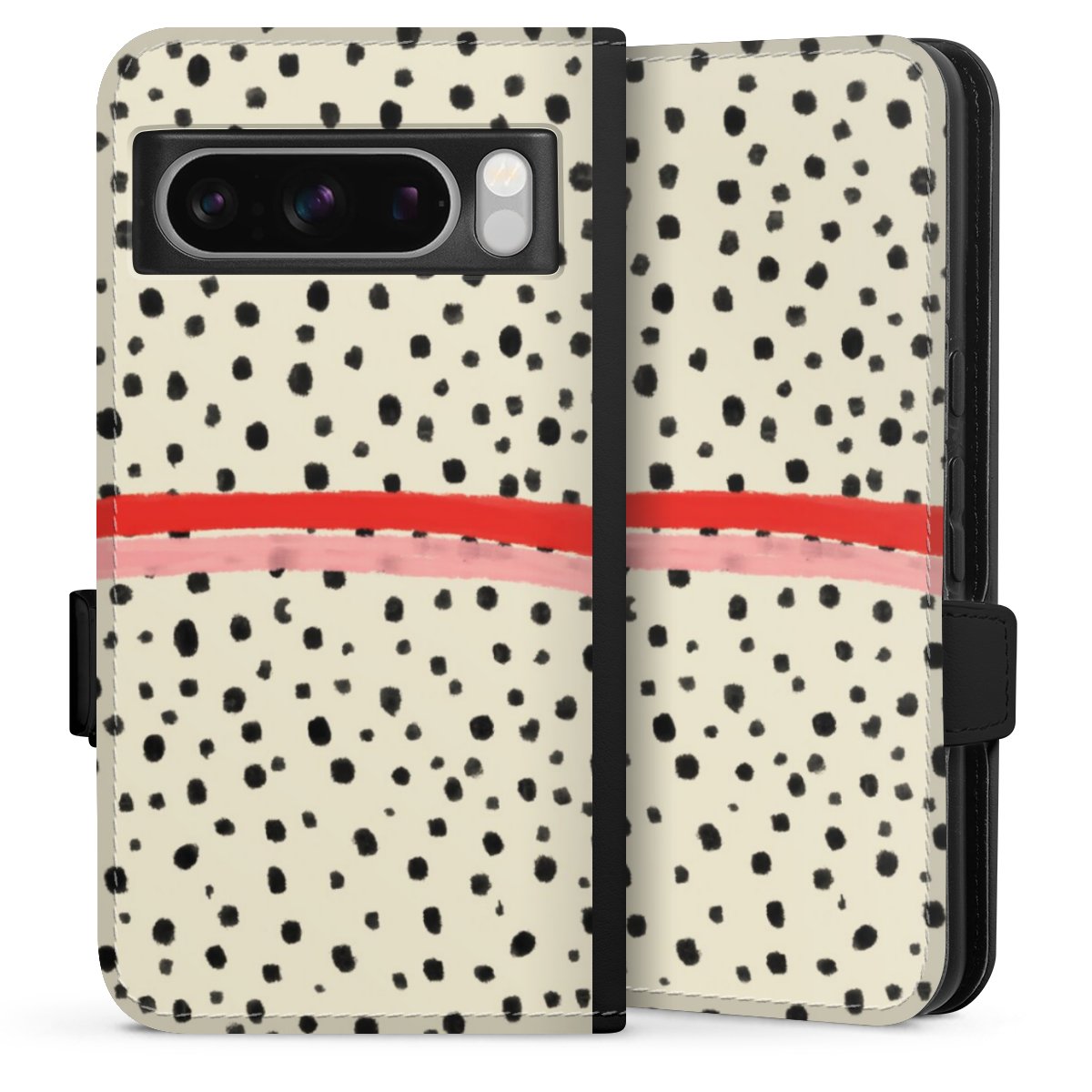 Google Pixel 8 Pro Handy Klapphülle Handyhülle aus Kunst Leder schwarz Flip Case Stripes Points Kunst Sideflip mit Lasche