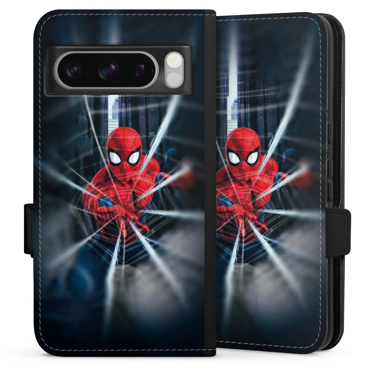 Google Pixel 8 Pro Handy Klapphülle Handyhülle aus Kunst Leder schwarz Flip Case Marvel Spiderman Kinofilm Sideflip mit Lasche