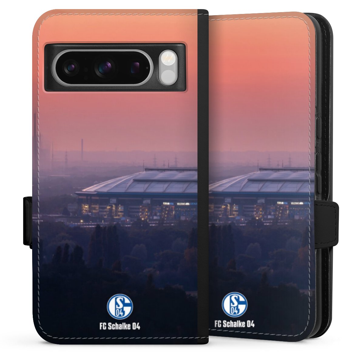 Google Pixel 8 Pro Handy Klapphülle Handyhülle aus Kunst Leder schwarz Flip Case Schalke 04 Fc Schalke 04 Stadium Sideflip mit Lasche