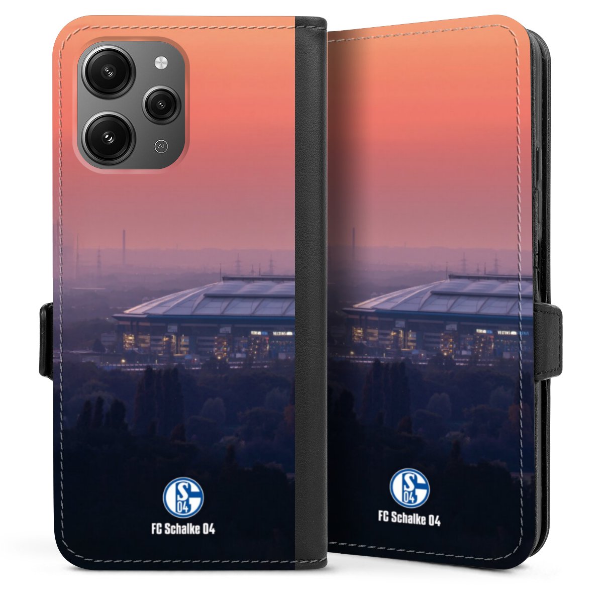 Xiaomi Redmi 12 Handy Klapphülle Handyhülle aus Kunst Leder schwarz Flip Case Stadium Schalke 04 Fc Schalke 04 Sideflip mit Lasche