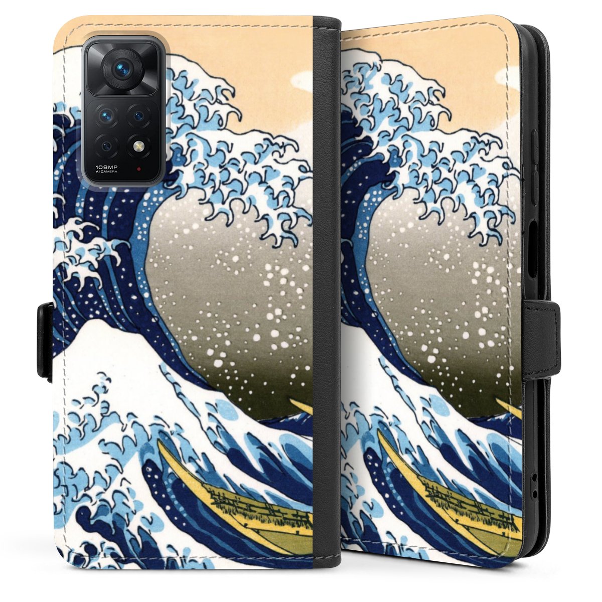 Xiaomi Redmi Note 11 4G Handy Klapphülle Handyhülle aus Kunst Leder schwarz Flip Case Katsushika Hokusai Die Große Welle Vor Kanagawa Kunst Sideflip mit Lasche