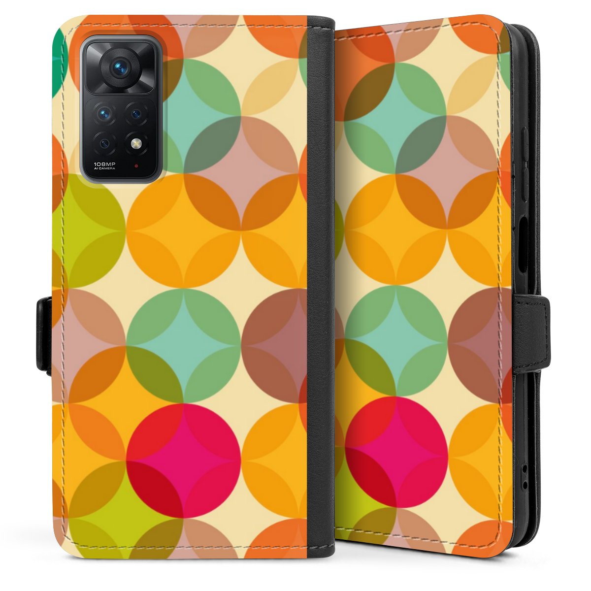 Xiaomi Redmi Note 11 4G Handy Klapphülle Handyhülle aus Kunst Leder schwarz Flip Case Circle Kunst Art Sideflip mit Lasche