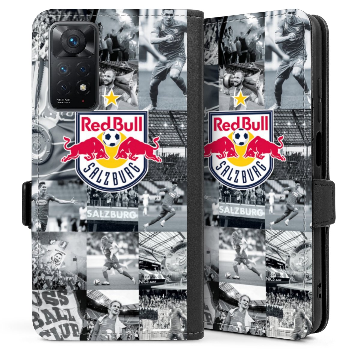 Xiaomi Redmi Note 11 4G Handy Klapphülle Handyhülle aus Kunst Leder schwarz Flip Case Salzburg Fc Red Bull Salzburg Red Bull Sideflip mit Lasche