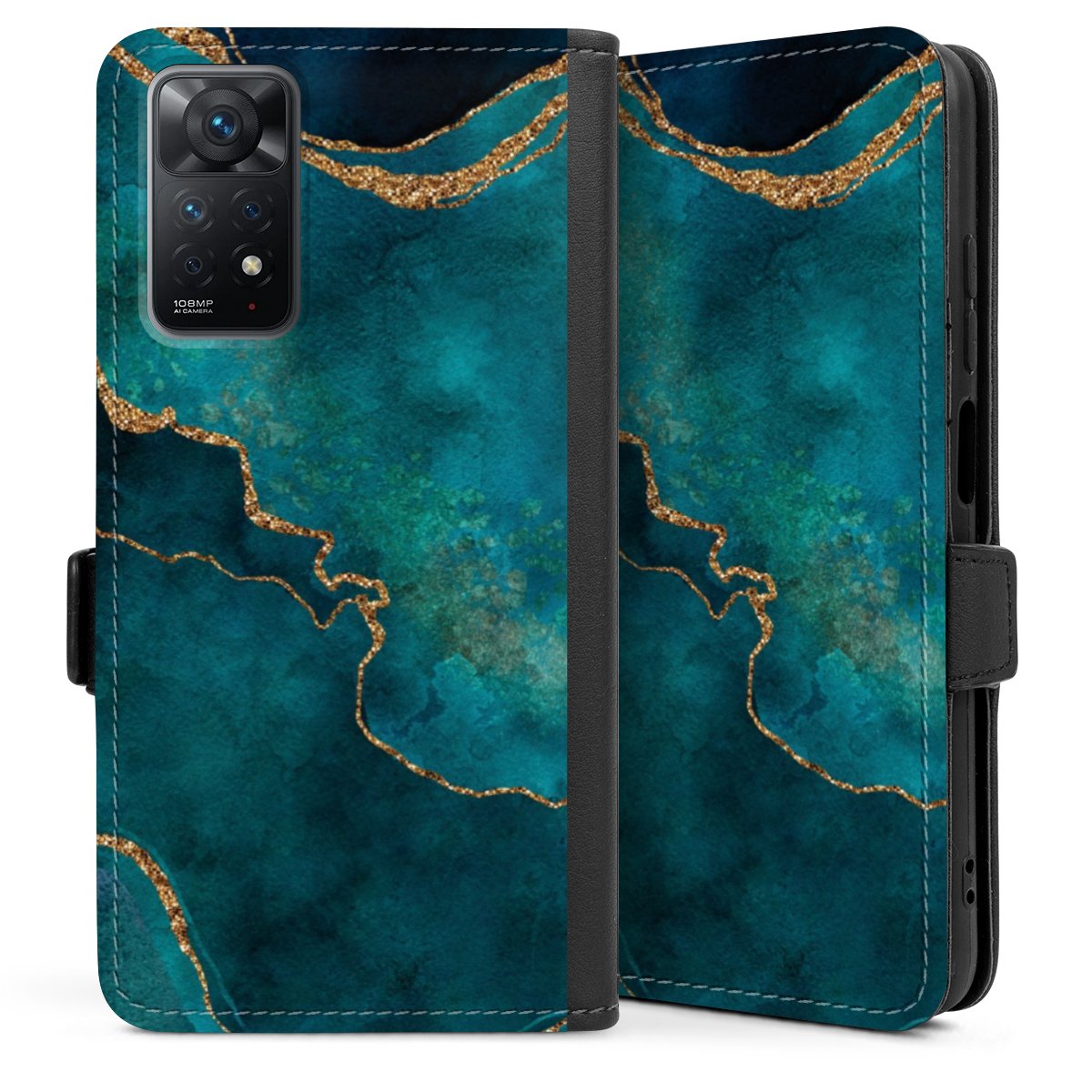 Xiaomi Redmi Note 11 4G Handy Klapphülle Handyhülle aus Kunst Leder schwarz Flip Case Kunst Glitzer Marble Sideflip mit Lasche
