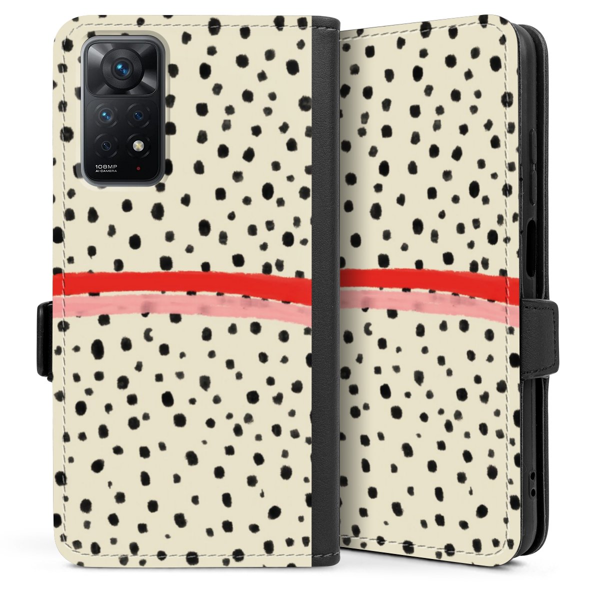Xiaomi Redmi Note 11 4G Handy Klapphülle Handyhülle aus Kunst Leder schwarz Flip Case Stripes Points Kunst Sideflip mit Lasche