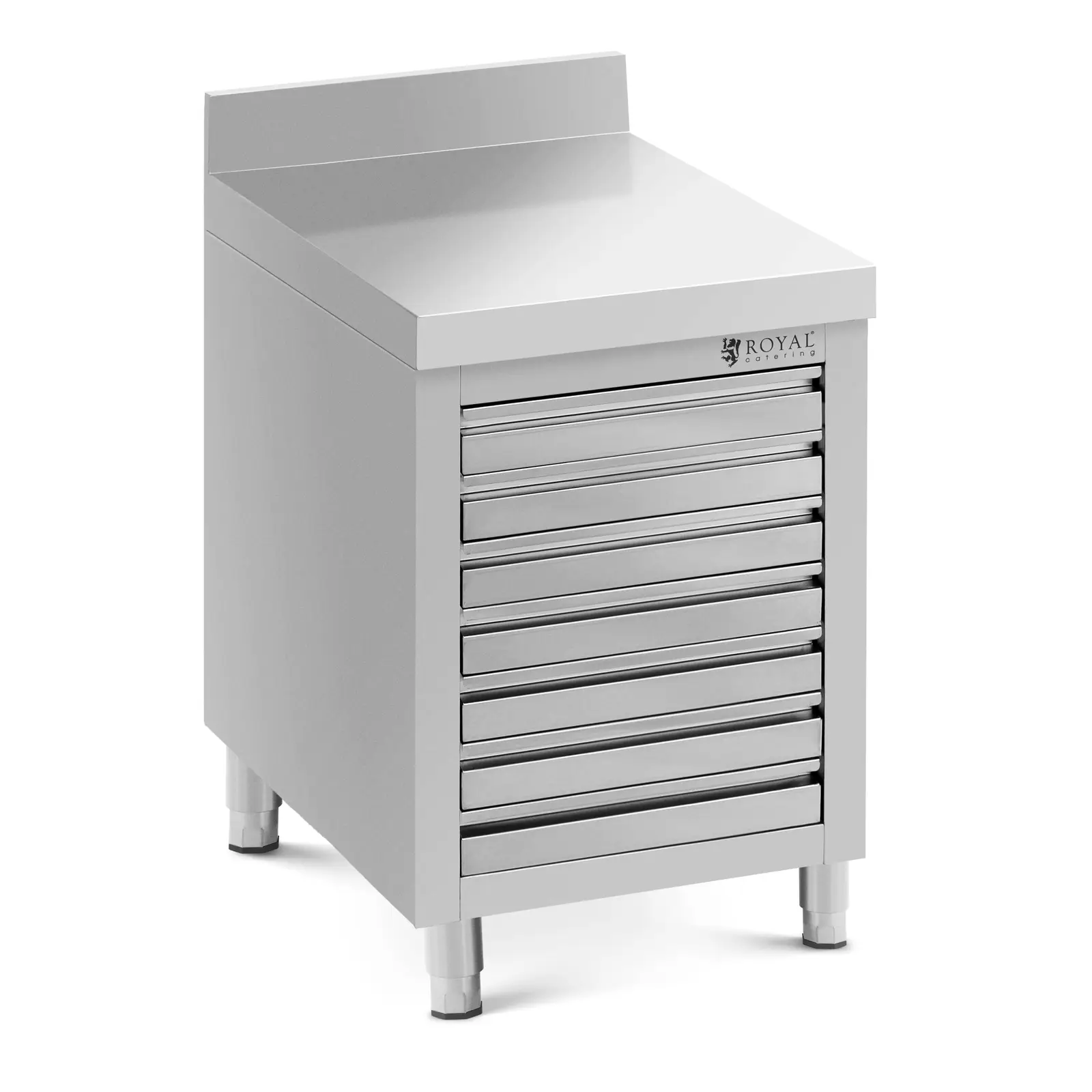 Edelstahl-Arbeitsschrank - 50 x 70 cm - 185 kg - 7 Schubladen für Pizzaballen - mit Aufkantung - Royal Catering