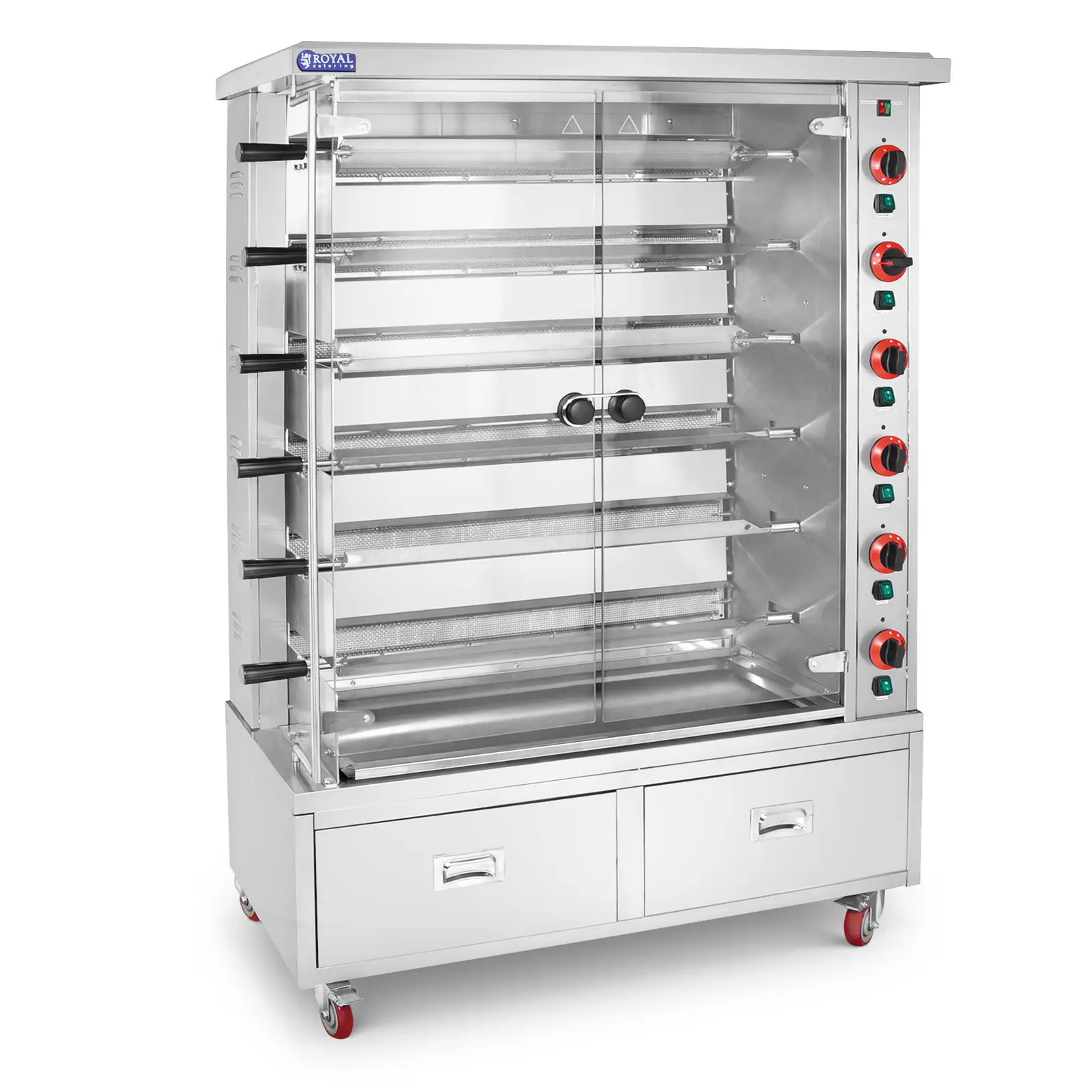 Hähnchengrill Gas - 6 Spieße - mit Beleuchtung, Rädern und 2 Schubladen - Royal Catering